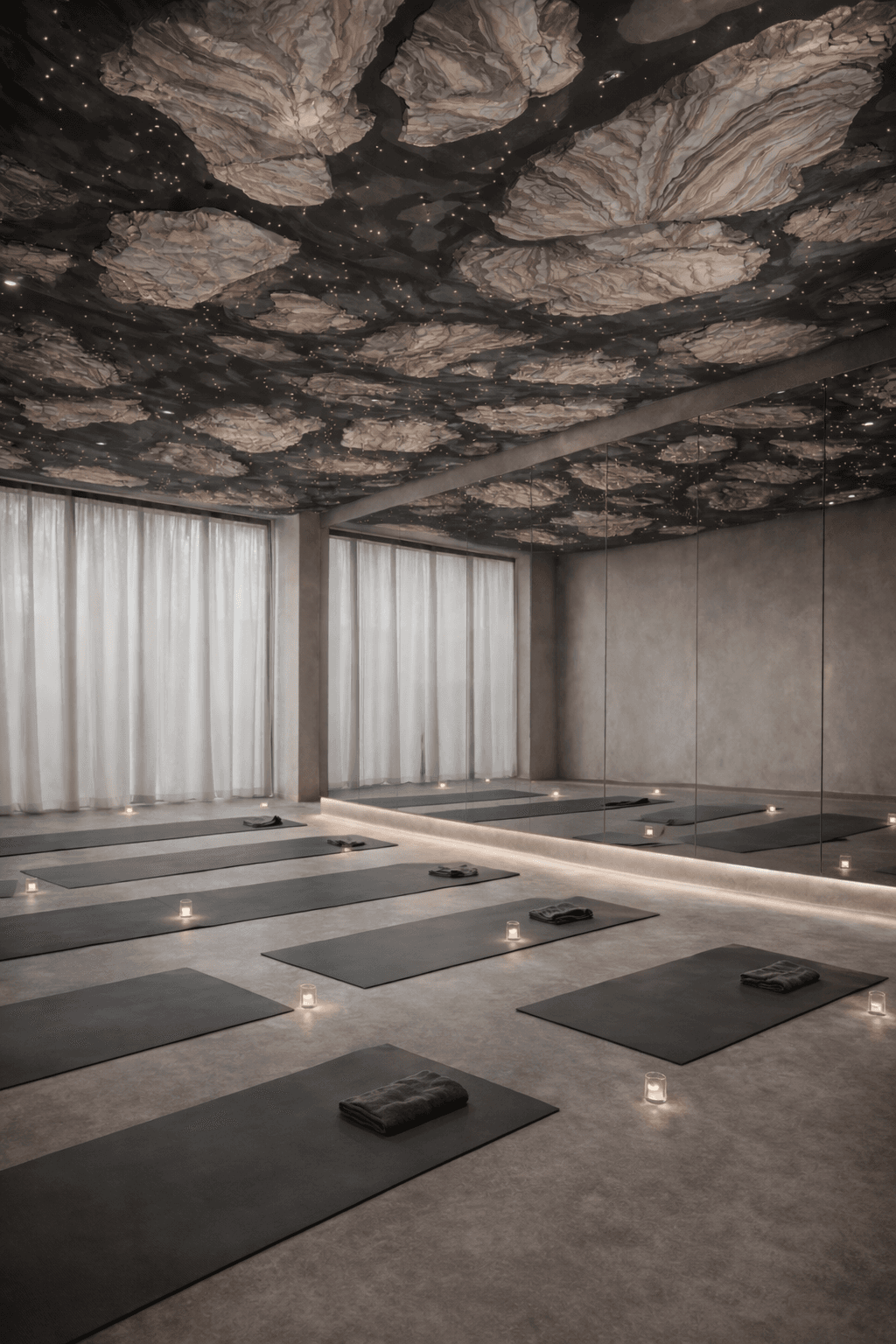 Open studio with arched mirrors, uplighting, and rolled mats