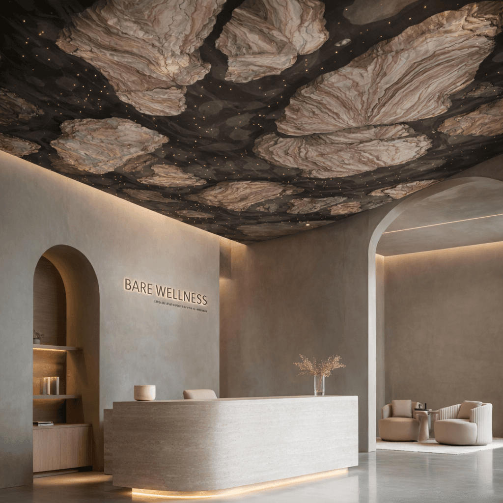 Bare Wellness reception with curved desk and serene neutral palette