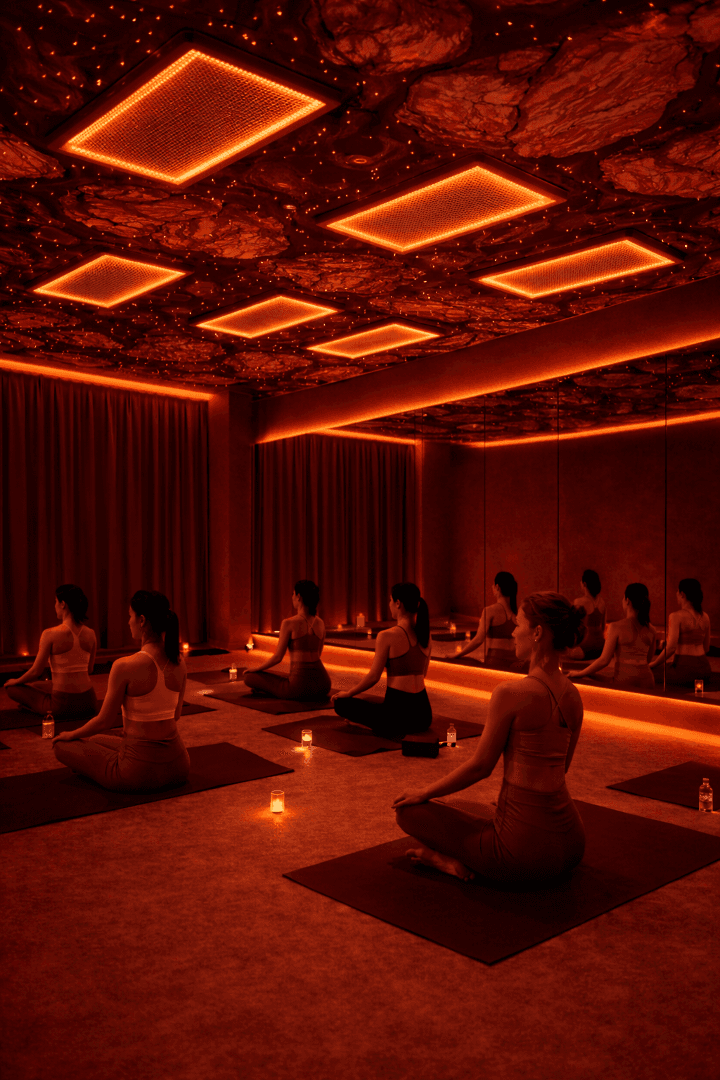 Hot yoga studio with infrared panels and neatly arranged mats