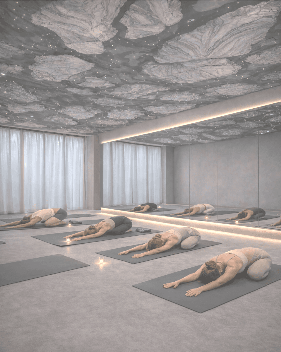 Open yoga studio with sculpted ceiling lighting and rolled mats