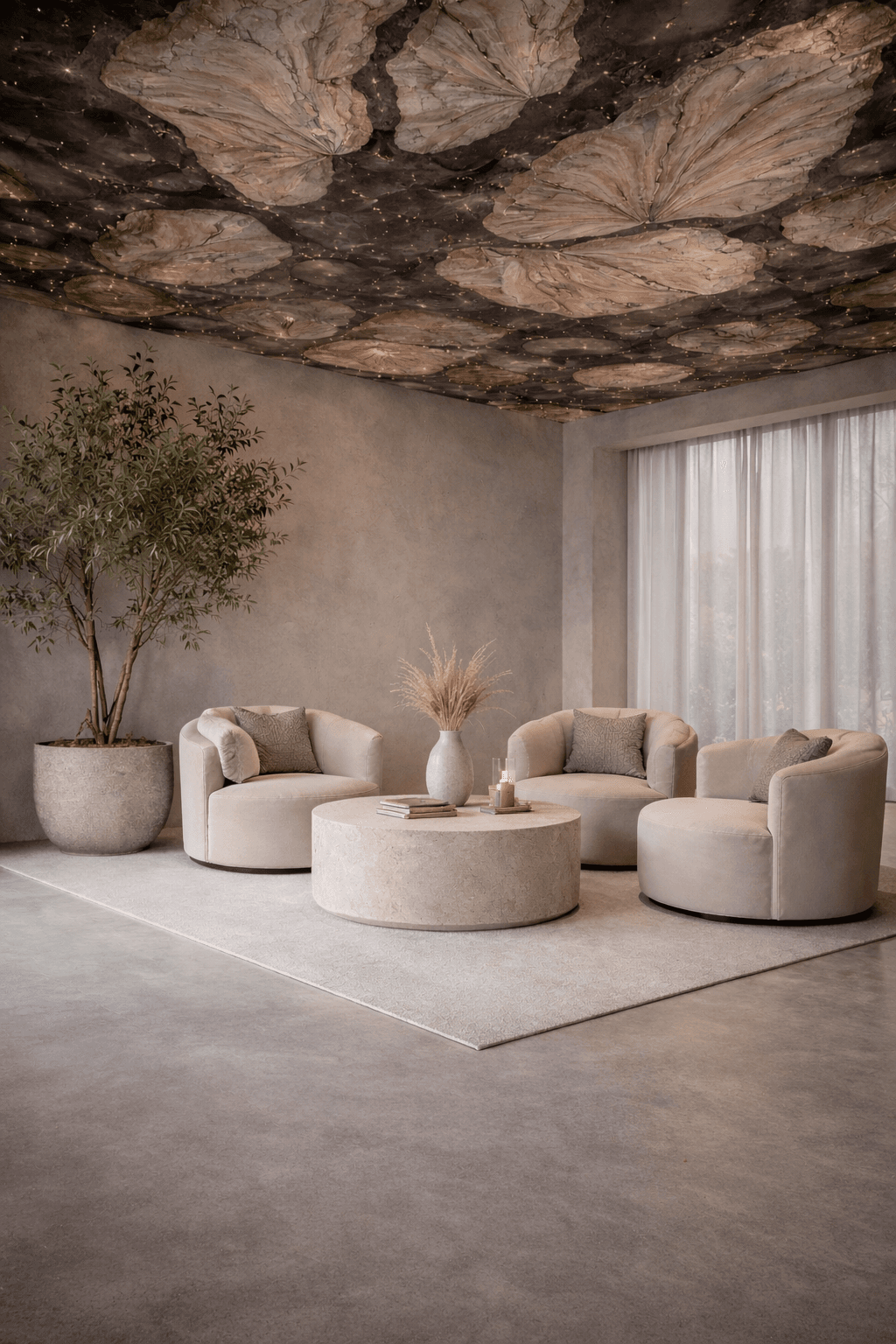 The Bare Wellness lounge with curved seating beneath a sculpted ceiling