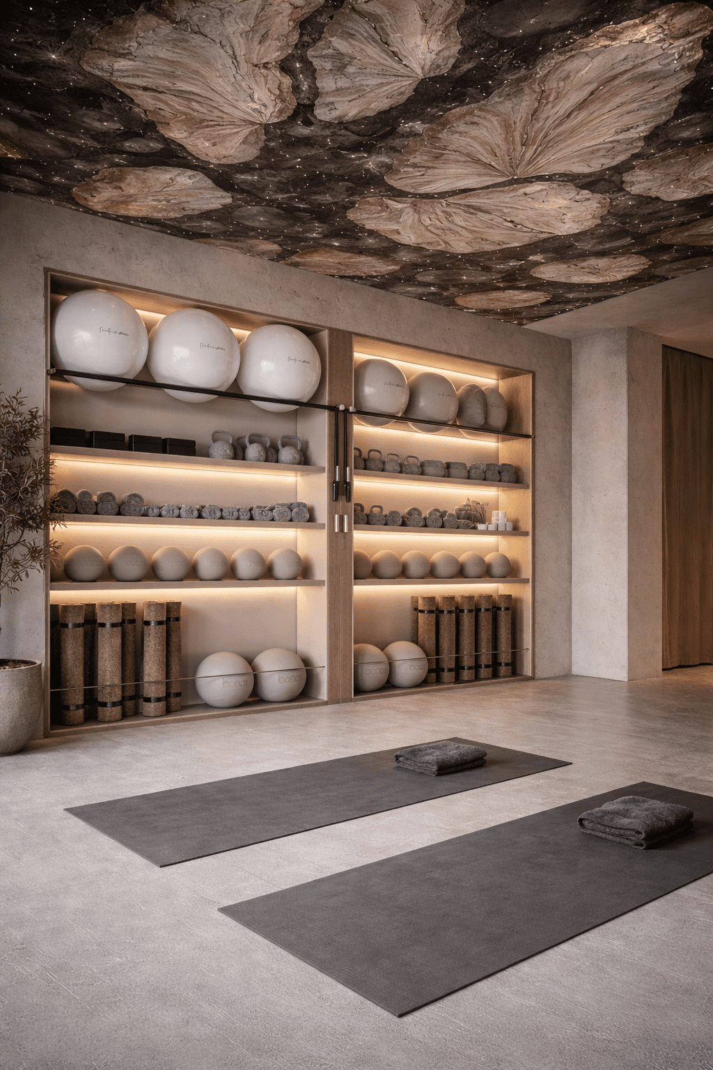 The open studio equipment wall with spheres, weights and cork mats