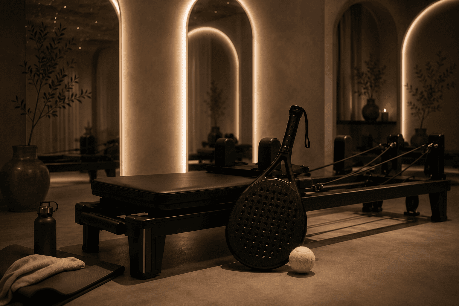A black padel racket and ball resting against a reformer in the warm arch-lit Bare Wellness studio