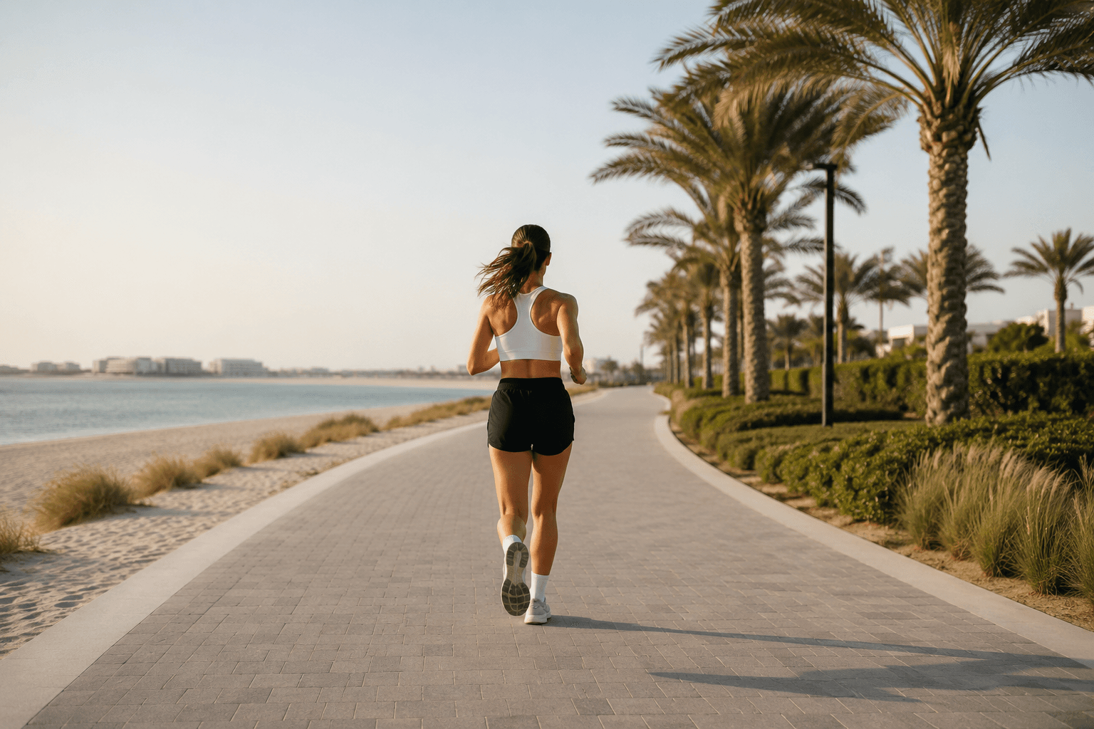 A runner on a palm-lined beachfront promenade on Saadiyat Island at first light