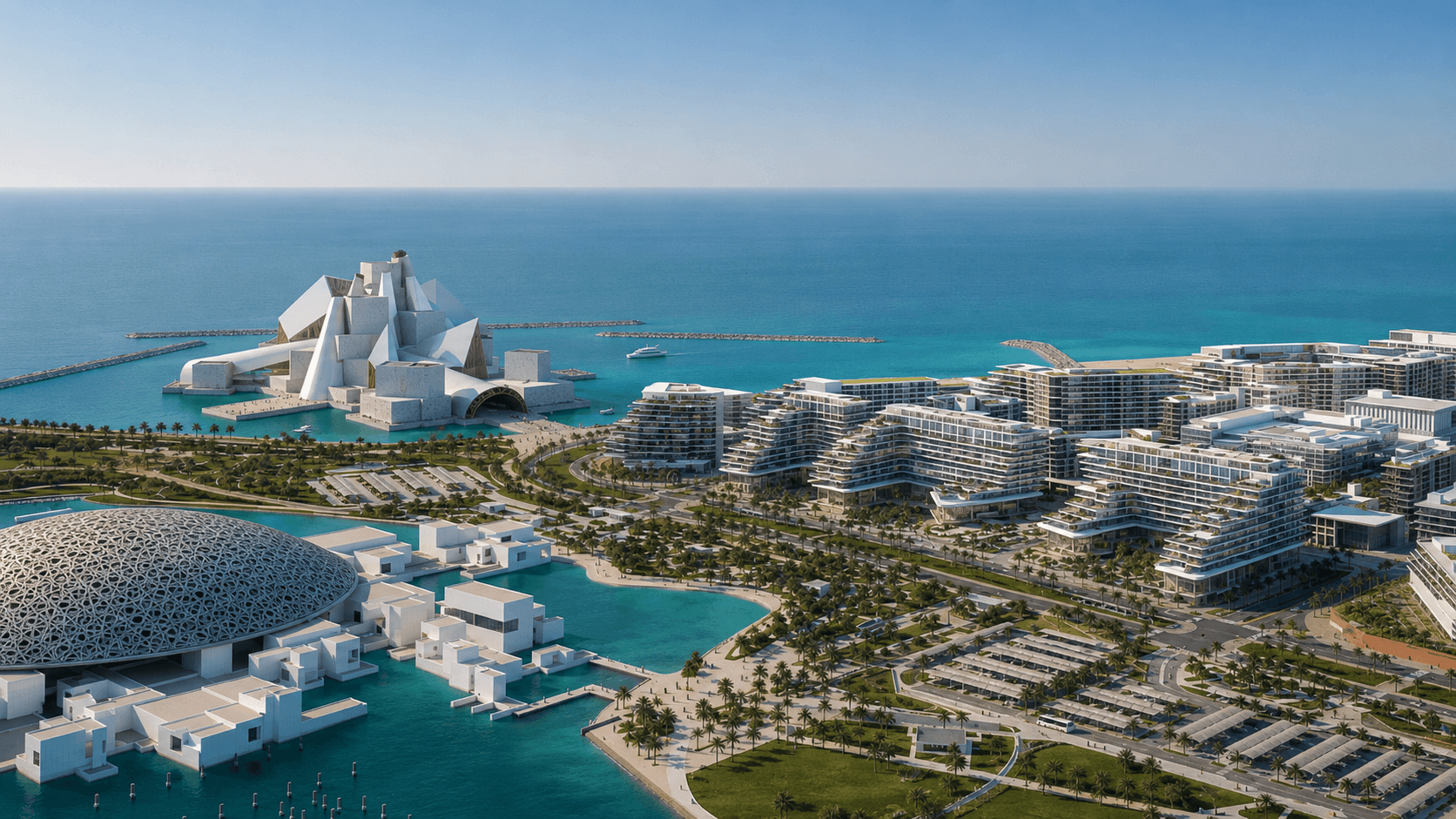 An aerial view of the Saadiyat Cultural District, the latticed dome of the Louvre Abu Dhabi on the waterfront