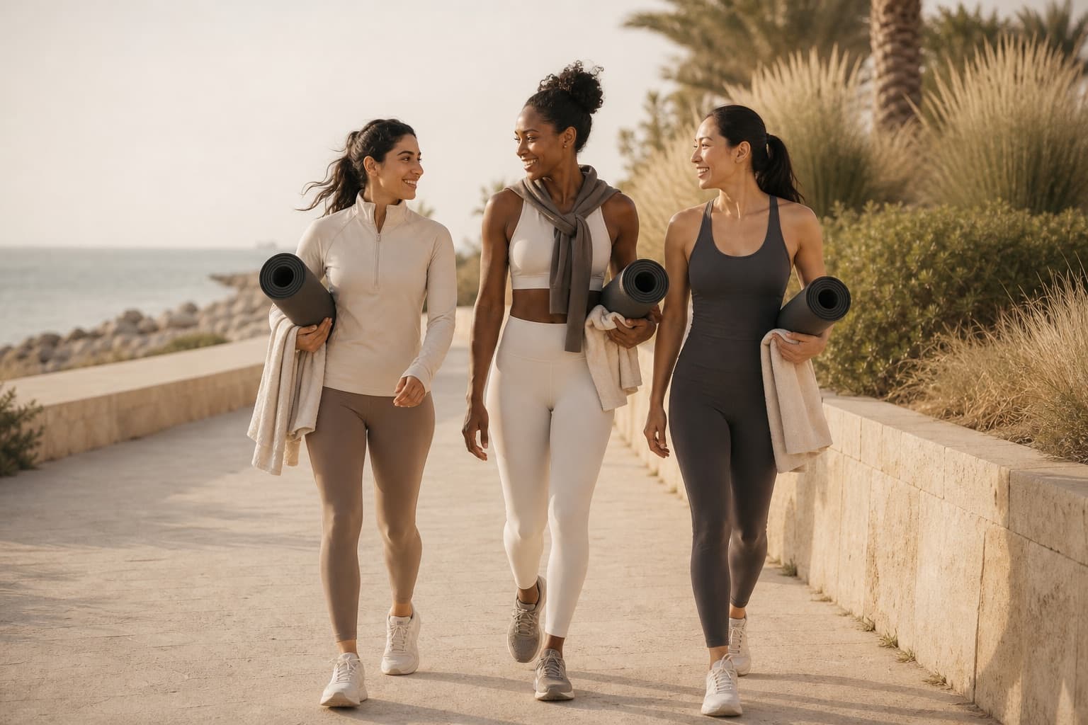 Three women walking with rolled yoga mats along the seafront promenade at Mamsha Al Saadiyat