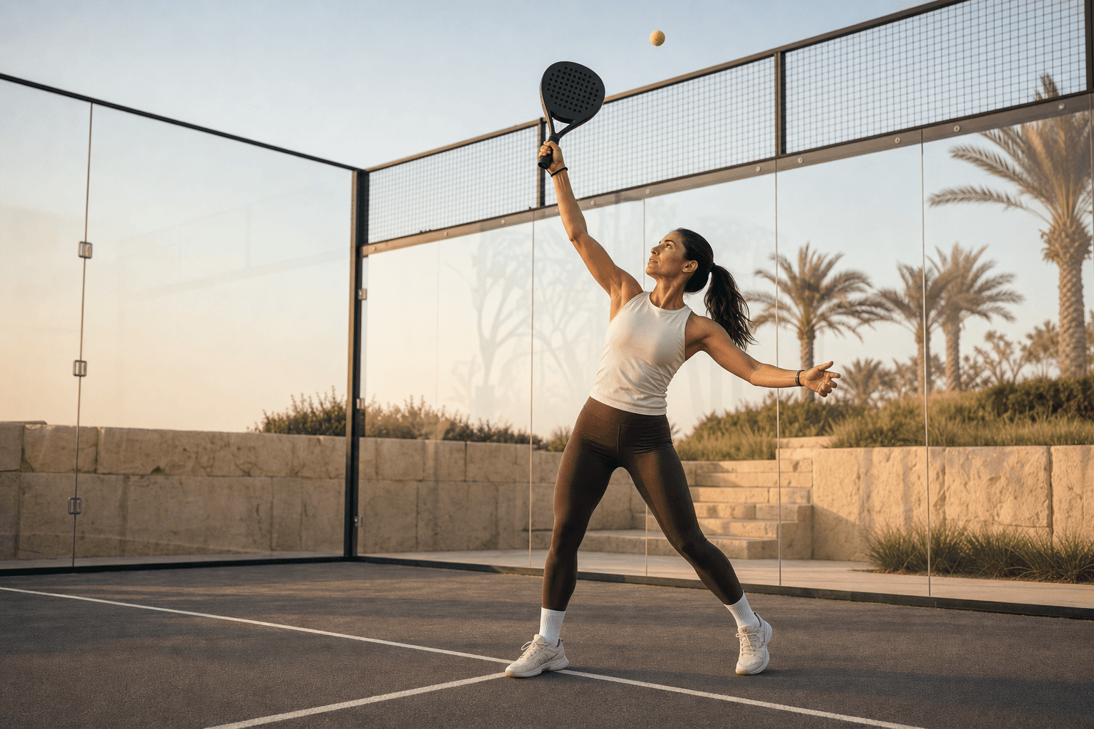A padel player in ivory and cocoa activewear reaching for an overhead shot on a sunlit Abu Dhabi court
