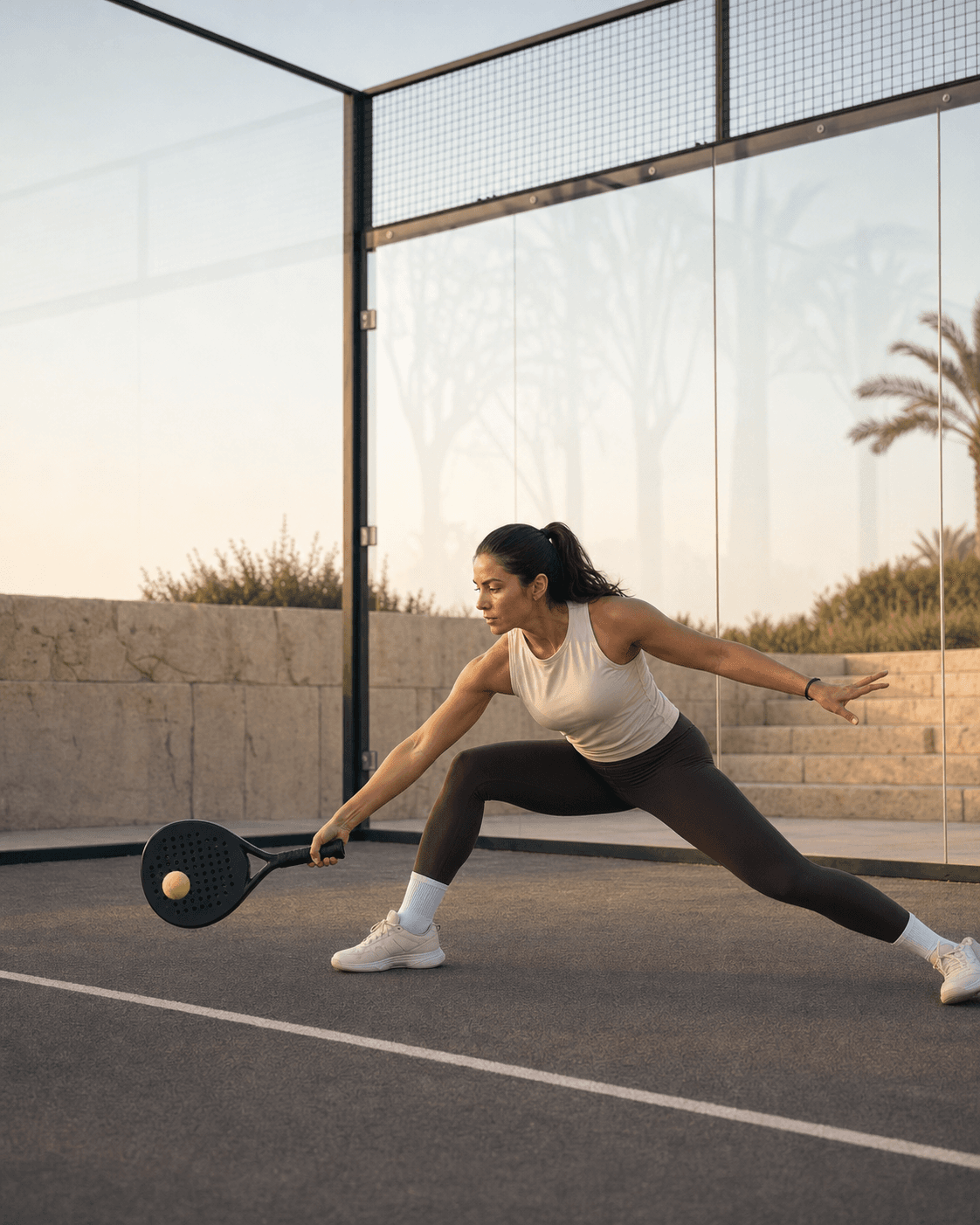 A padel player reaching into a deep split-stance lunge for a low ball beside the glass